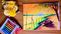 Simple sunset scenery | how to draw simple sunset scenery | sunset landscapes drawing with oil pastel