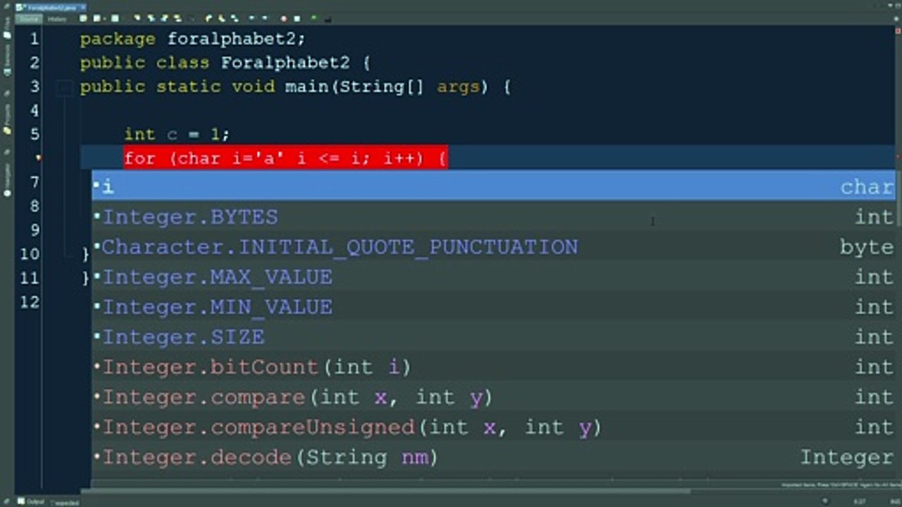 Java print alphabet with for loop