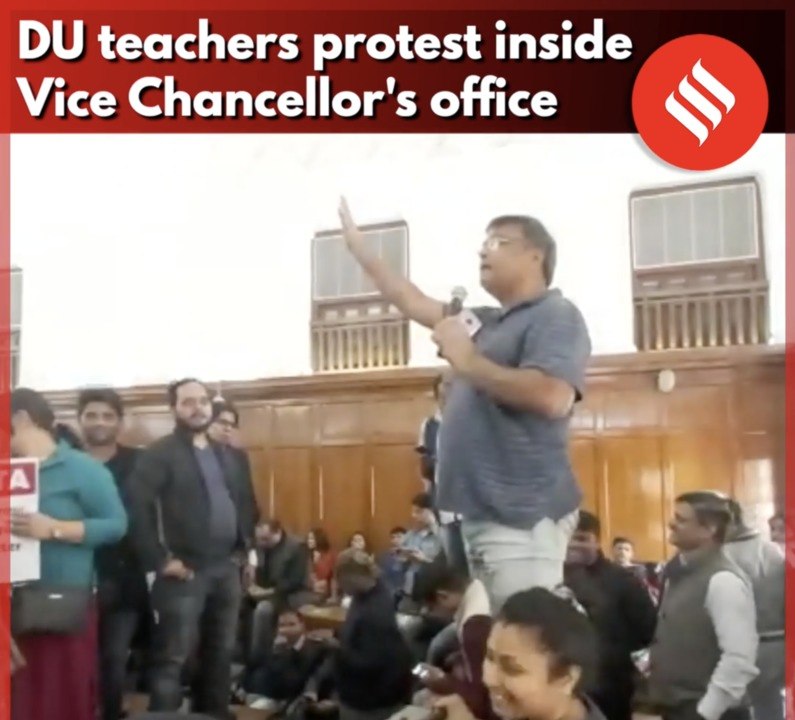 DU teachers protest inside VC's office