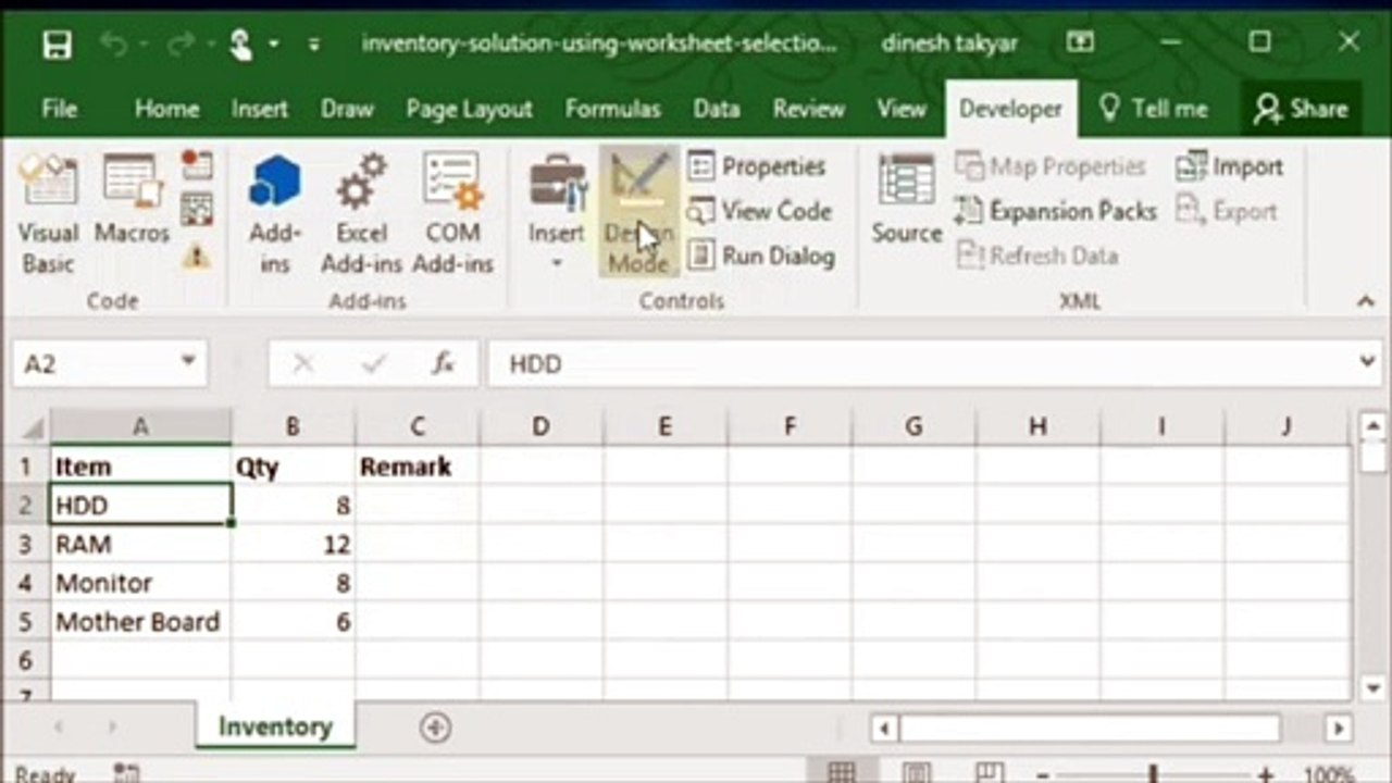 Inventory solution using worksheet selection change event in Excel
