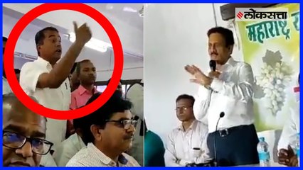 angry farmer questioning  girish mahajan about farmer relief fund
