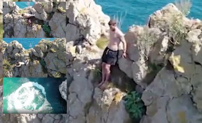 El momento en que el chaval salta al mar desde 70 metros de altura y se parte la espalda