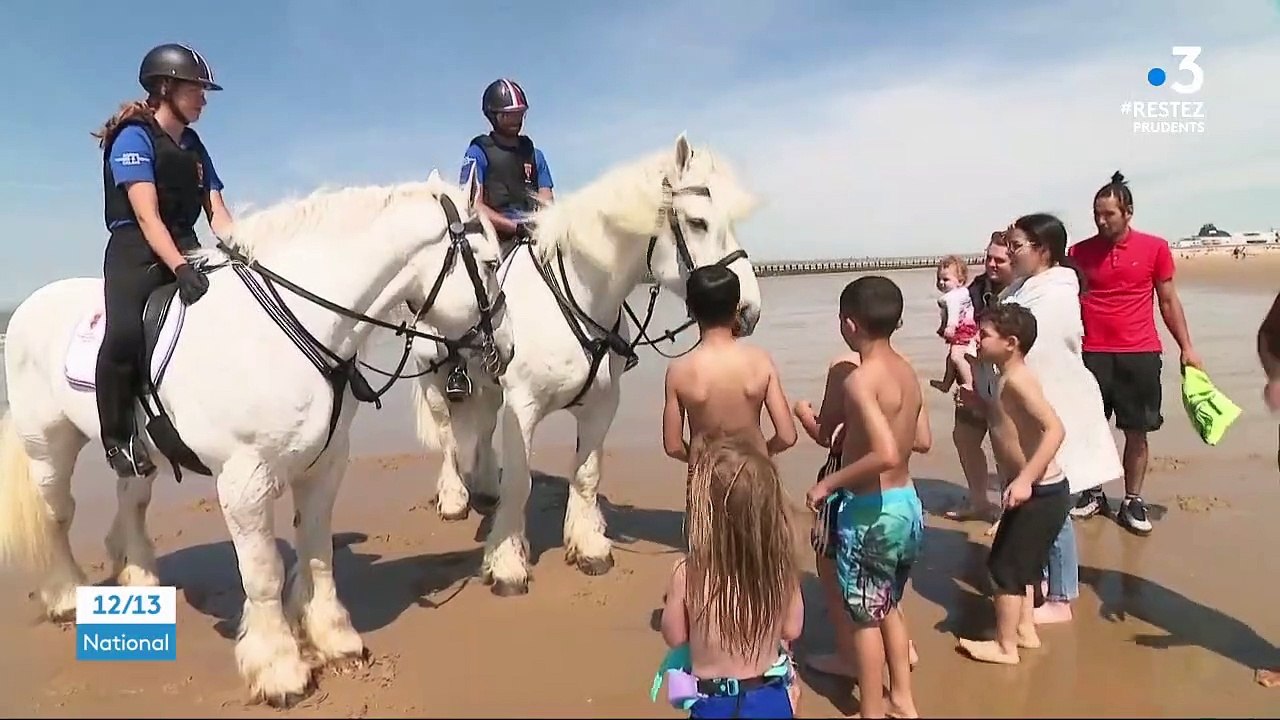 Calais : la police patrouille sur des chevaux de trait sur la plage