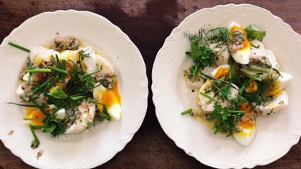 Warm Cod Salad with Tarragon Sauce and Boiled Eggs