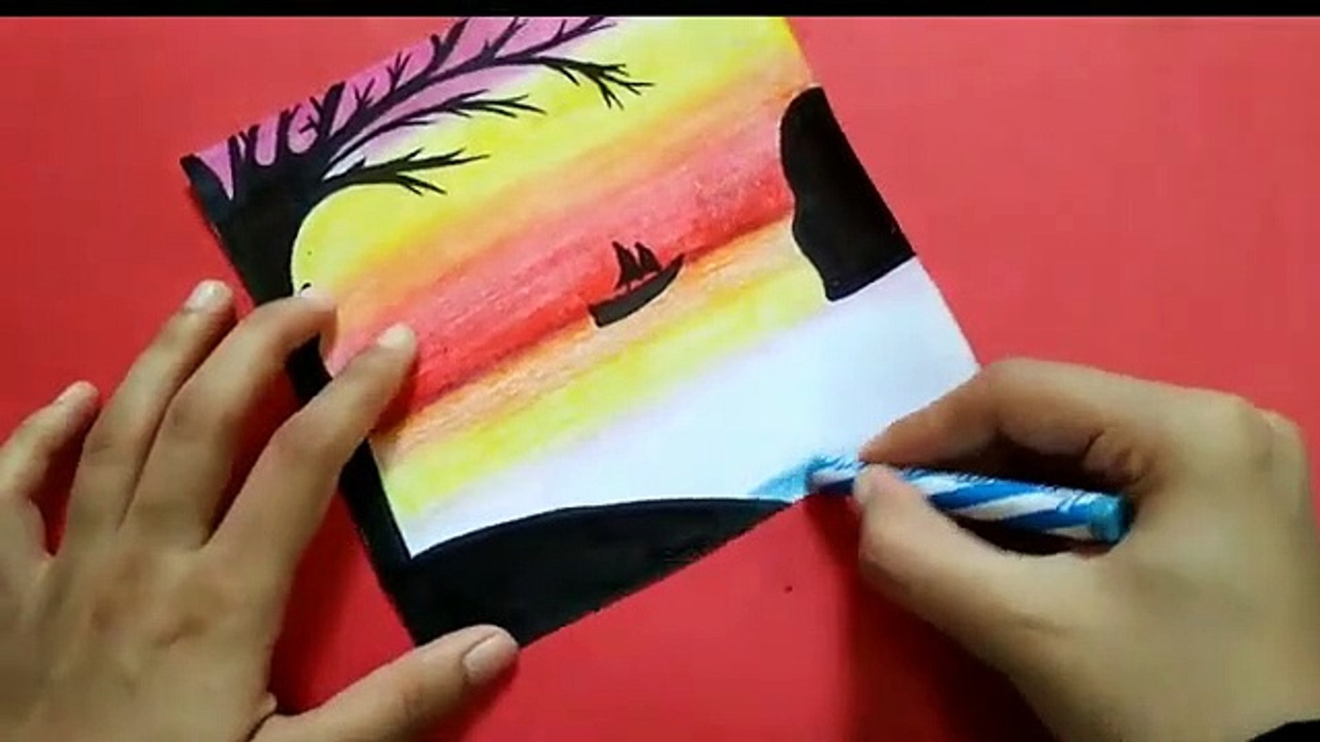 How to draw scenery with wax crayons - crayon painting idea - video  Dailymotion