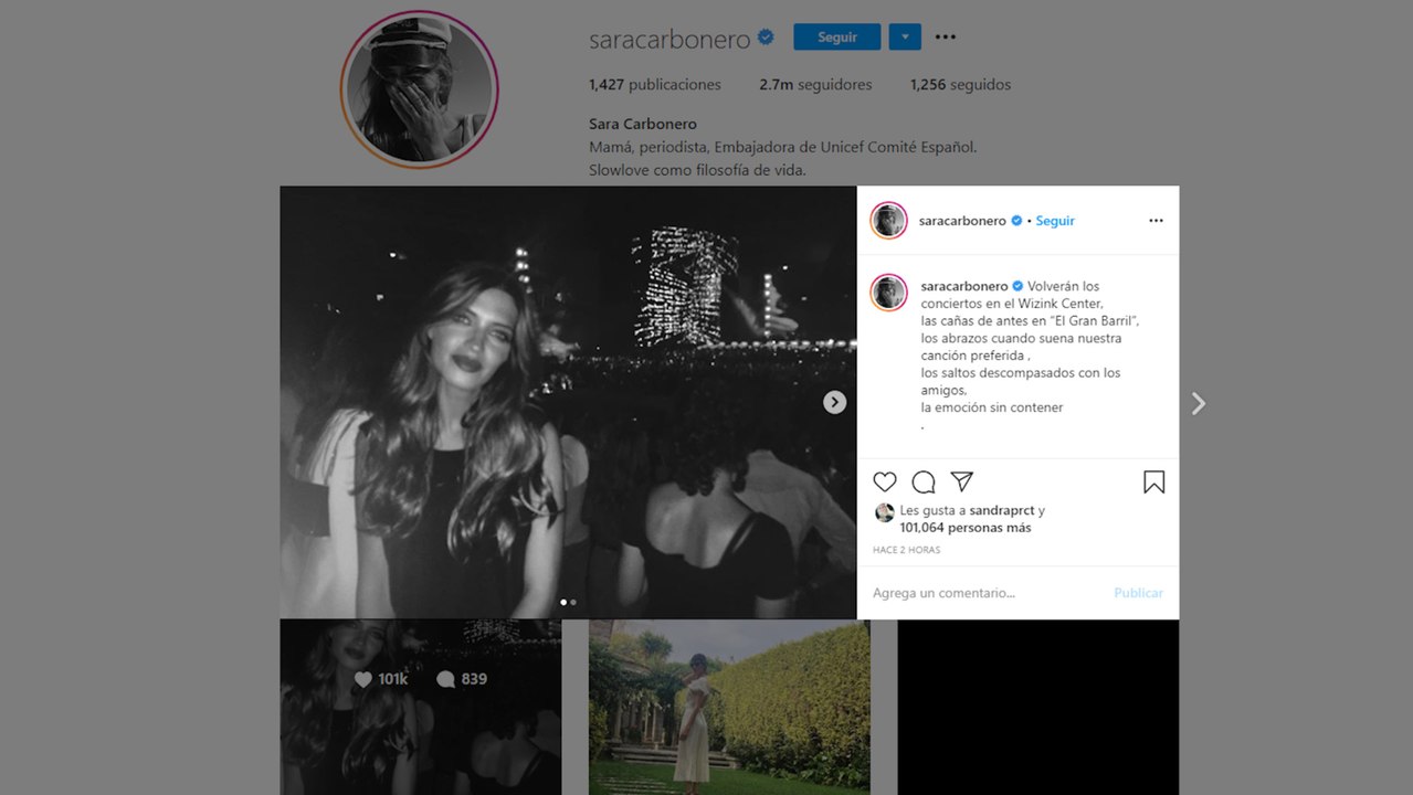 Sara Carbonero rinde homenaje a los conciertos en Instagram