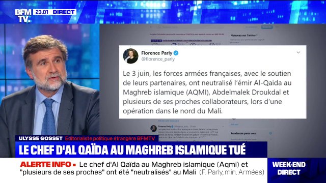 La ministre des Armées annonce que le chef d'Al-Qaïda au Maghreb islamique a été neutralisé au Mali