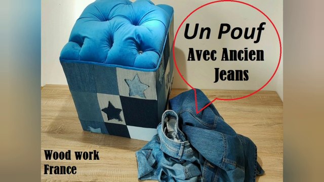 DIY Un pouf cube en jean et tissu velours. Bois utilisé les portes de placard. Bois recyclé. Waste wood. Motif tufted avec boutons crystal. Utiliser Jean waste. wood Work France.