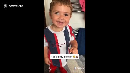 "You dirty cow!" Toddler's hilarious reaction to the viral 'poo' challenge