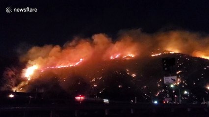 Brushfire erupts and illuminates Los Angeles night sky near 405 Freeway