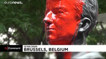 A statue of former Belgian King Baudouin defaced with red paint