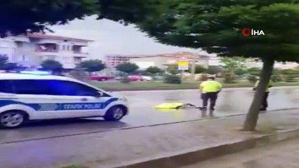 Kazada yaralanan köpeğe trafik polisinden şefkat eli