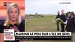 Arrivée en zodiac sur l'île de Sein, Marine le Pen rend hommage au général De Gaulle en déposant une gerbe et avec un court discours