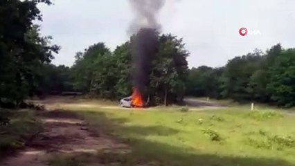 Ormanlık alanda park halindeki araç alev alev böyle yandı