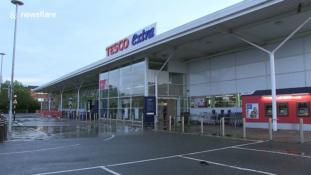 Tesco market floods after heavy rain in Derbyshire, England