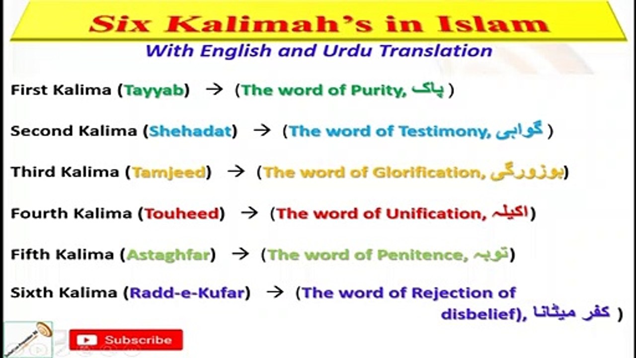 Six Kalima'h in islam with English and Urdu translation