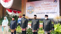 Gubernur DKI Jakarta Anies Baswedan memimpin upacara peringatan HUT ke-493 Kota Jakarta di halaman Balai Kota DKI Jakarta.