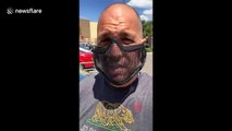 Man wears a mesh face mask to prove mandatory masks in Florida is not about protection but compliance
