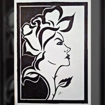 Beautiful lady and flower Drawing art - black marker drawing - easy simple art tricks