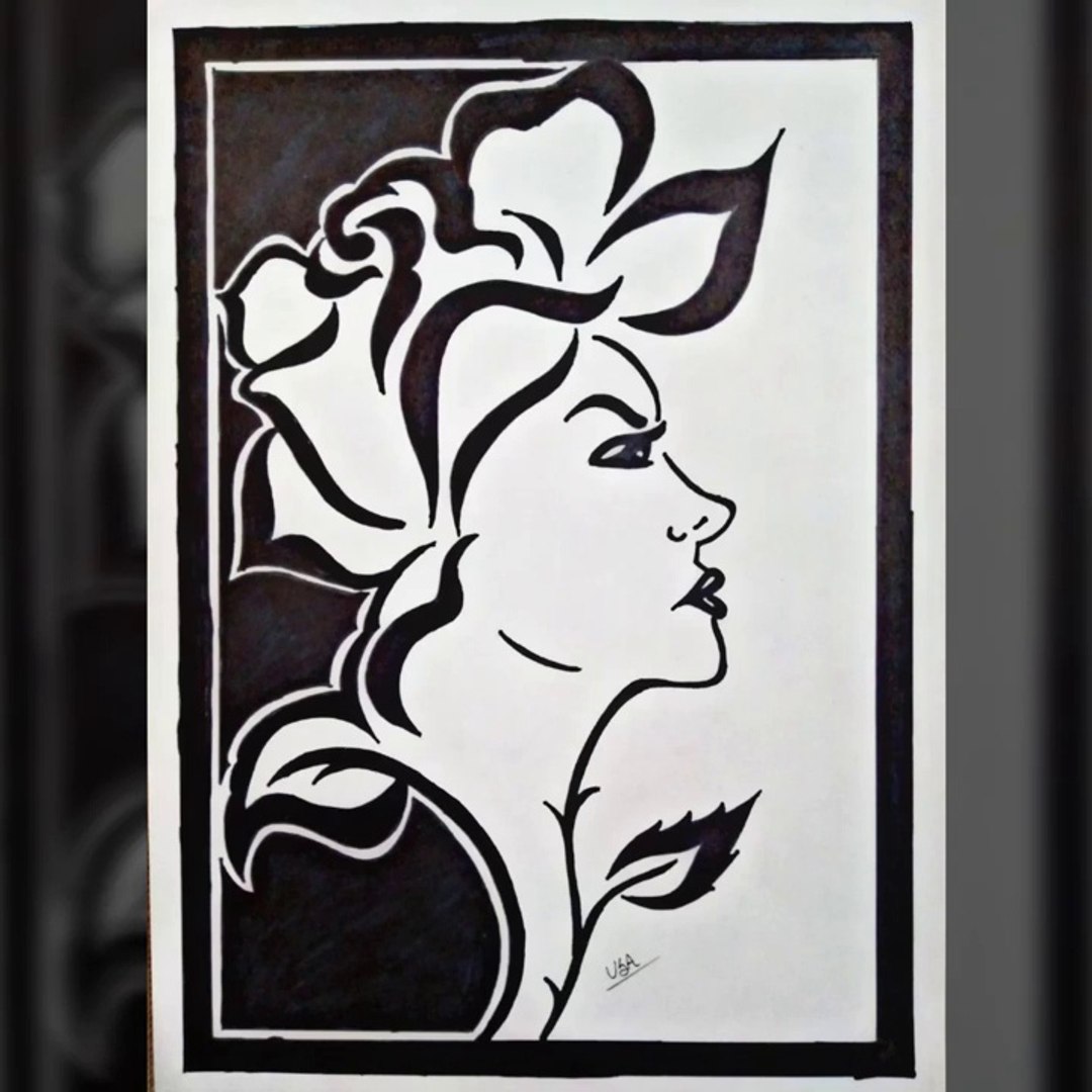 Beautiful lady and flower Drawing art - black marker drawing - easy simple  art tricks