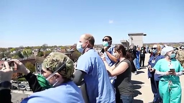 US Air Force Thunderbirds and Navy Blue Angels Fly Over Newark University Hospital April 28, 2020