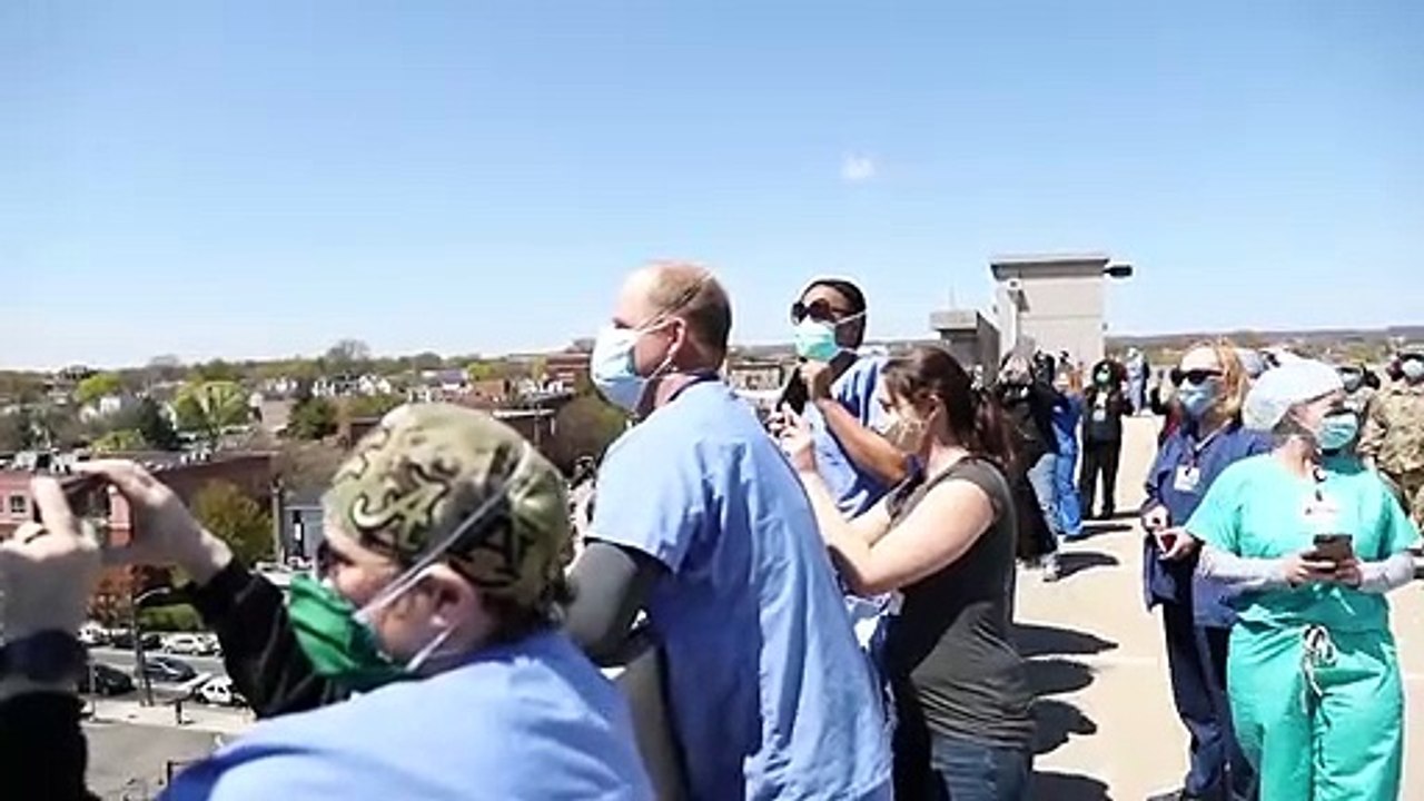 US Air Force Thunderbirds and Navy Blue Angels Fly Over Newark University Hospital April 28, 2020