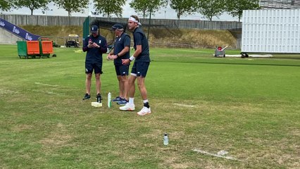 Stuart Broad measures his run in practice 2