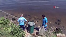 Çevre ve Şehircilik Bakanlığı ekipleri, balık ölümlerinin yaşandığı Küçükçekmece Gölü'nden numune alıyor