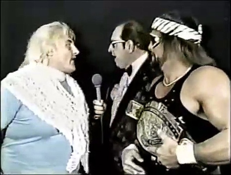 Gorilla Monsoon interviews Macho Man Randy Savage and Adrian Adonis (06-14-1986)