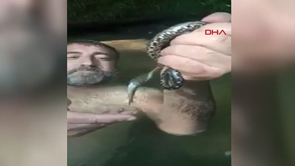 Derede yakaladığı yılanla balık kavgası yaptı