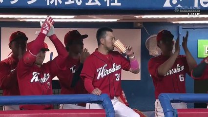 広島カープ7月1日 - 3回表3-21アウトランナー1,2塁 - - 松山選手11球粘ってタイムリー2ベースヒットで勝ち越し