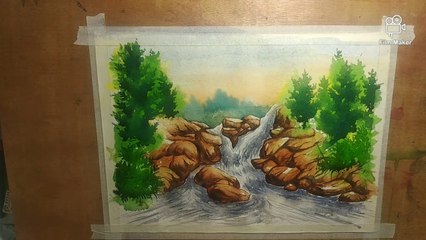 Watercolour painting of waterfall in hilly forest.waterfall tutorial