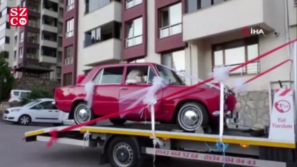 Klasik otomobili yıpranmasın diye çekici üzerinde gelin almaya gitti