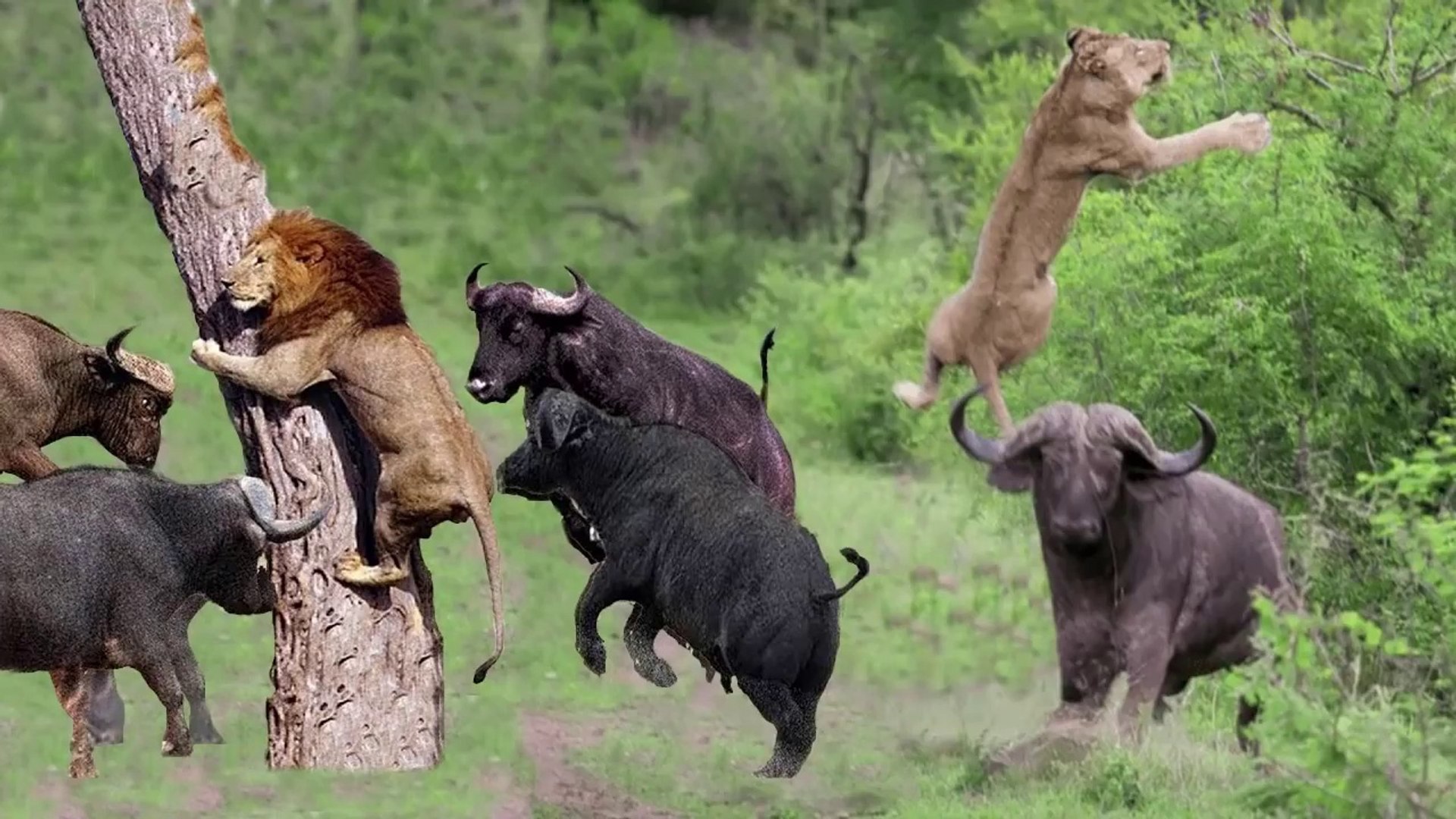 PREDATOR BECOMES THE PREY - Buffalo Herd Flick Lion Into Air To Rescue Warthog