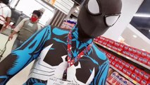 Spiderman fan visits supermarket in different superhero costumes