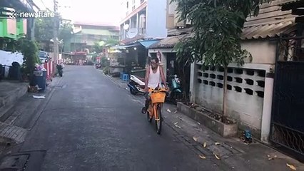 Cyclist rides with pet chicken on shoulder