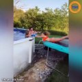 Elle tente de sauter du toit sur un trampoline, pour ensuite atterrir dans la piscine... Elle va le regretter