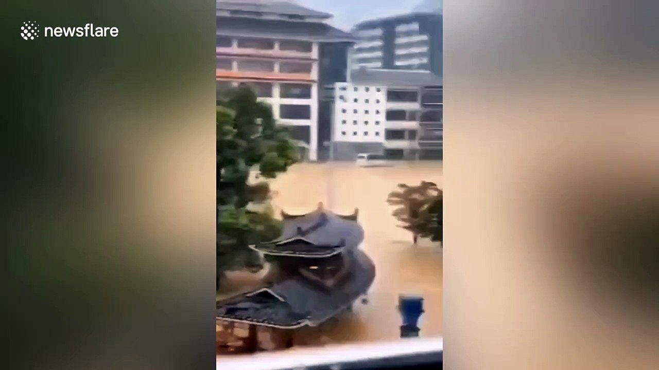 Chinese motorist dances on car roof after floodwater submerges city streets
