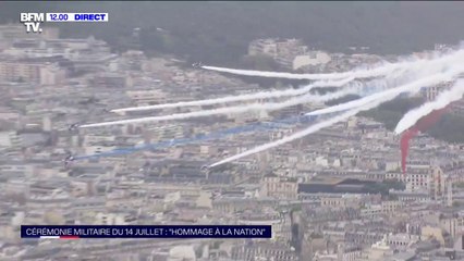 14-Juillet: la patrouille de France dessine un panache blanc dans le ciel de Paris pour honorer le personnel soignant