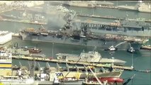 شاهد.. النيران تلتهم سفينة حربية أمريكية لليوم الثاني على التوالي