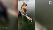 3 filles tentent de récupérer un bateau en bord de lac... Grosses gamelles