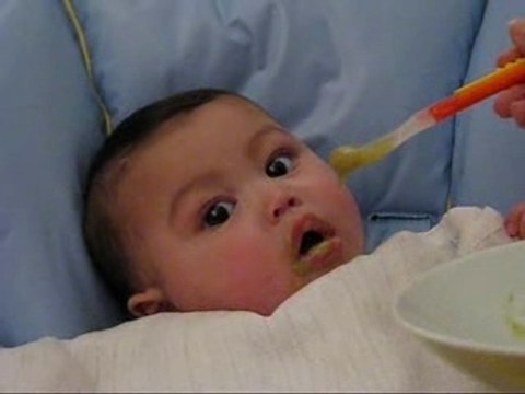 Téo gourmand avec ses premiers petits pots