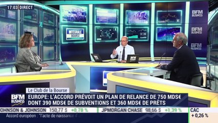 Le Club de la Bourse: L'accord européen prévoit un plan de relance de 750 milliards d'euros dont 390 milliards d'euros de subventions et 360 milliards d'euros de prêts - 21/07