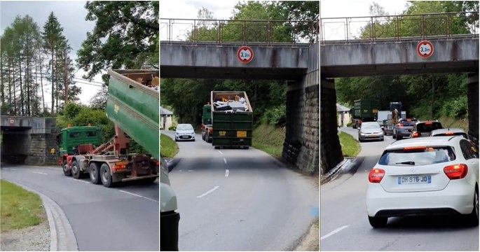 Camionista mostra como consegue passar numa ponte baixa