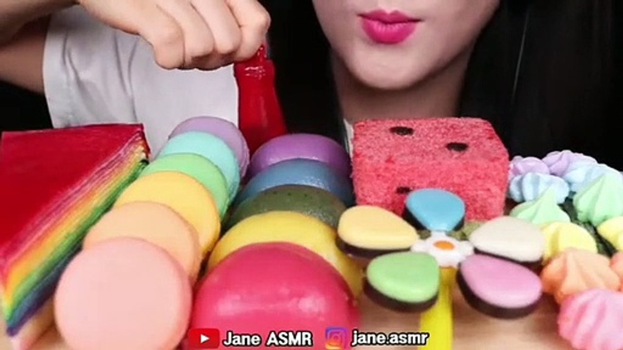 ASMR RAINBOW FOODS * WATERMELON SQUARE , RICE CAKE , CREPE CAKE EATING