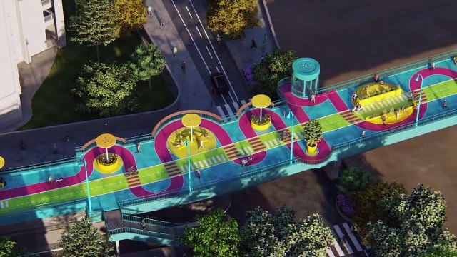 Le pont piétonnier de Shanghai est transformé en un parc surélevé et très attrayant avec des couleurs très vives et des formes en boucle