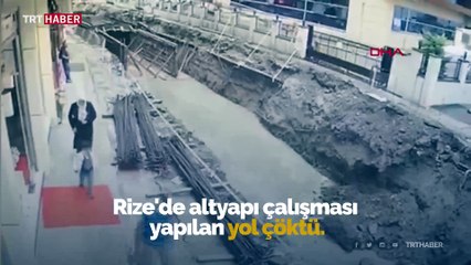 Rize'de yolun çökme anı kamerada