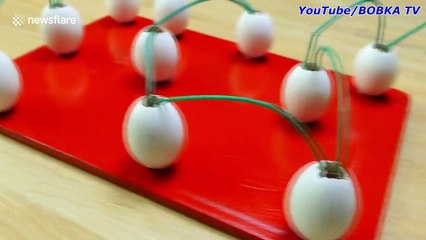 YouTuber sets up fiery chain reaction using match heads inside eggshells