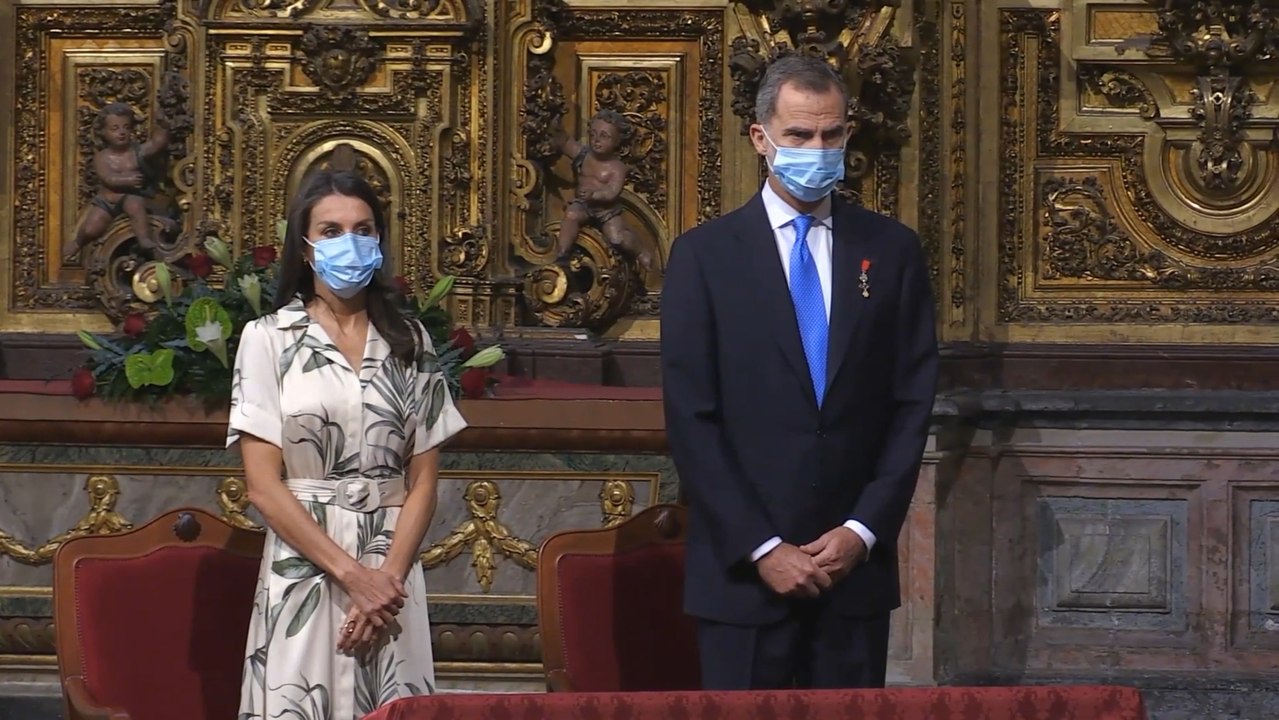 La Reina sorprende con un vestido de inspiración vegetal en Santiago