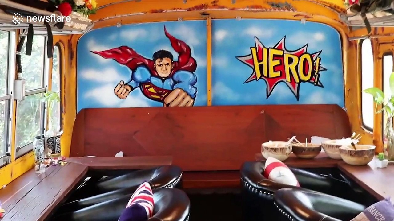 Scrap school bus recycled and turned into noodle restaurant in Thailand